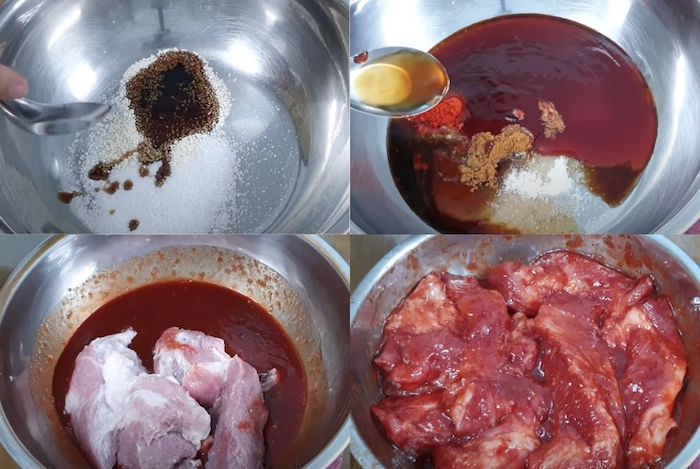 Sau bước sơ chế, bạn hãy ướp thịt heo với gia vị trong khoảng 2 - 3 tiếng