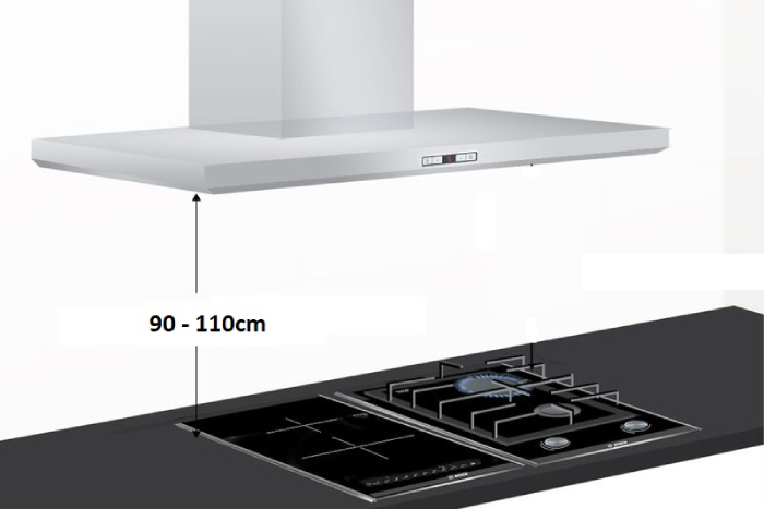 Khoảng cách đặt máy hút mùi và bếp với máy hút mùi đảo chiều/ độc lập cần đảm bảo dao động từ 90 - 110cm.