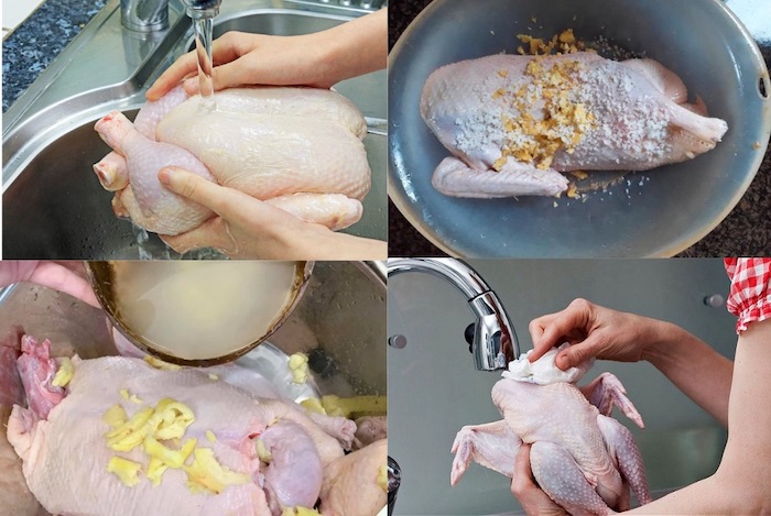 Sơ chế thịt vịt bằng nước sạch pha với muối và gừng để loại bỏ mùi hôi và vi khuẩn
