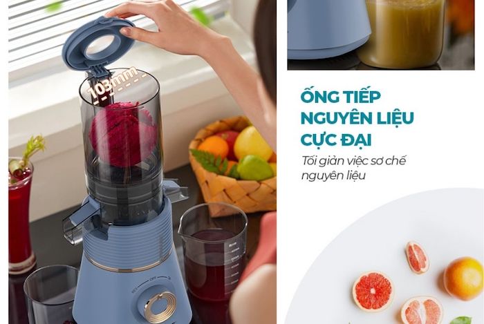 Ống tiếp nguyên liệu lớn, giúp thực phẩm tiếp cận nhanh chóng với trục xoắn, thời gian ép nhanh chỉ từ 5 - 10 phút