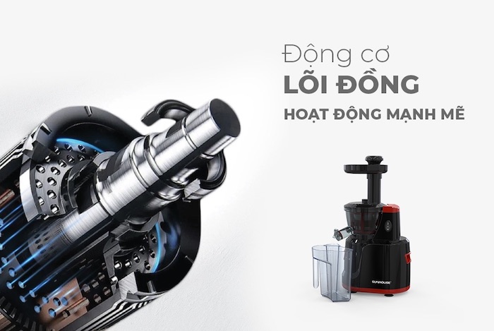 Máy ép chậm sử dụng trục ép mạnh mẽ, động cơ lõi đồng hoạt động êm ái, không gây tiếng ồn lớn
