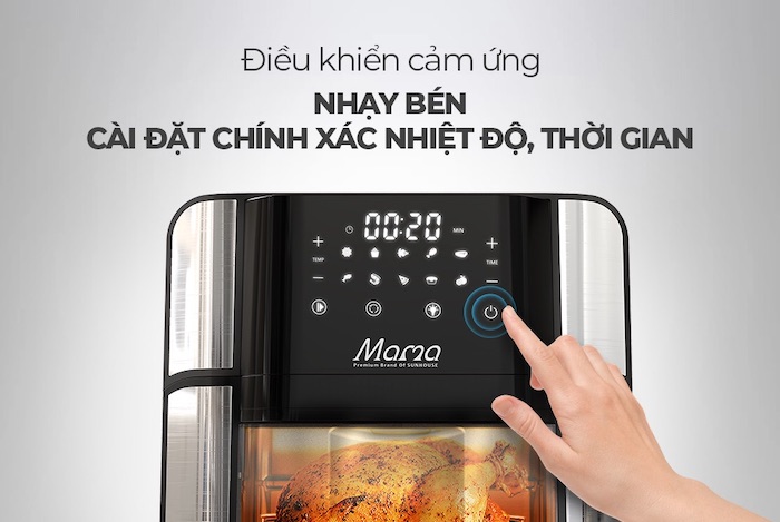 Nồi chiên không dầu SUNHOUSE có bảng điều khiển điện tử và cửa kính trong suốt giúp bạn nướng xúc xích nhanh chóng và dễ dàng hơn