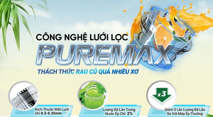 Máy ép chậm SUNHOUSE được trang bị bộ lọc thông minh Puremax có mắt lưới kích thước nhỏ, lượng bã chỉ 2%