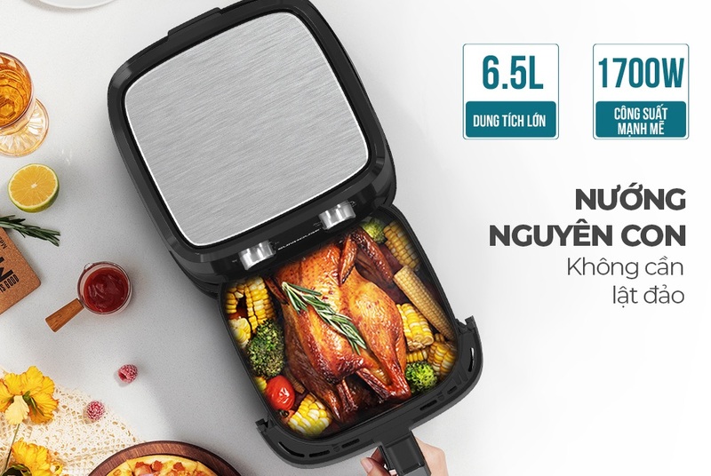 Dung tích nồi chiên không dầu lớn từ 4 - 10L giúp nướng gà nguyên con dễ dàng