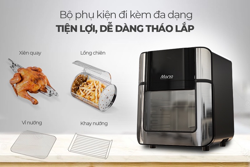 Phụ kiện đi kèm như vỉ khay nướng, xiên quay, lồng chiên hỗ trợ nướng gà nguyên con