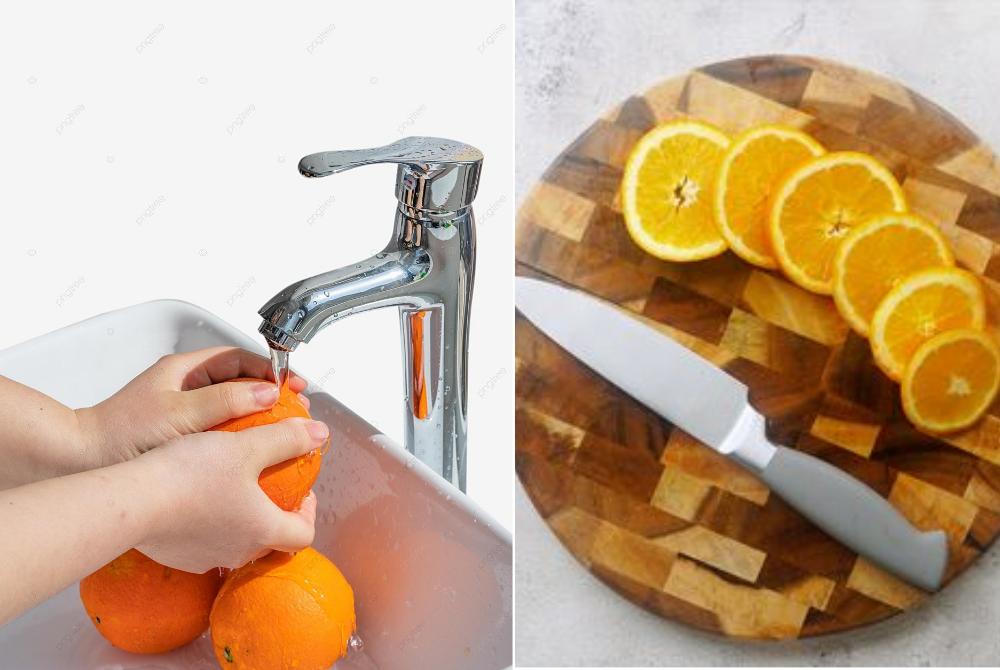 Cam sau khi mua về rửa sạch, sau đó cắt thành các khoanh tròn