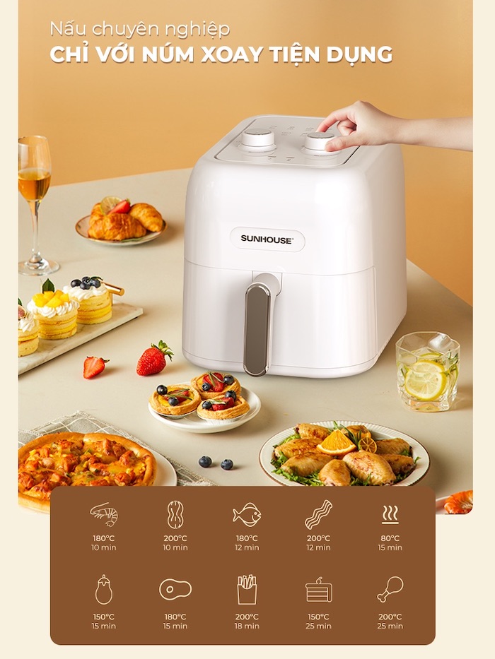 Điều chỉnh núm xoay của nồi chiên không dầu ở nhiệt độ 180 độ C trong 15 phút để nướng khoai