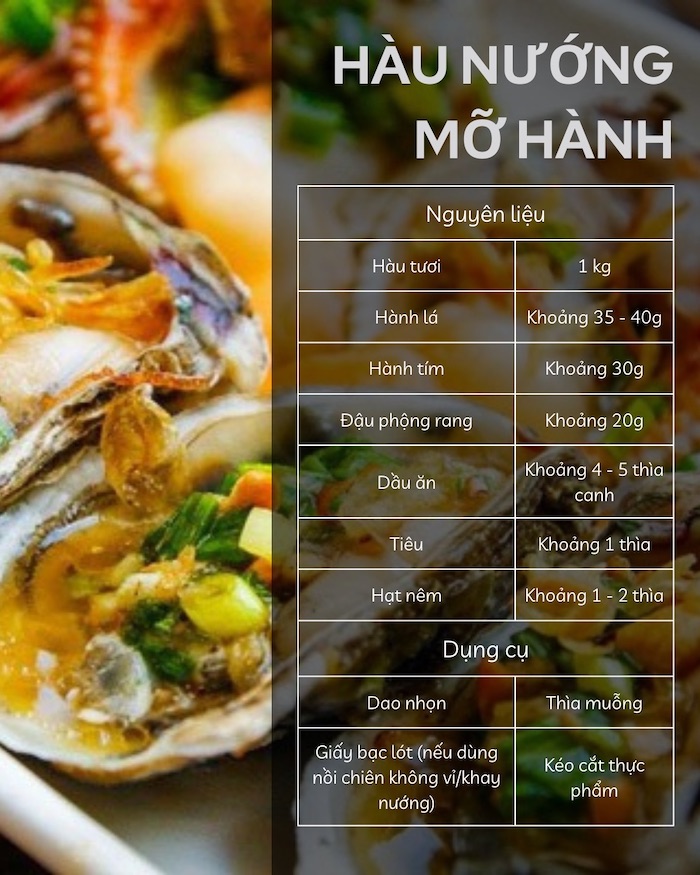 Nguyên liệu và dụng cụ cần chuẩn bị cho món hàu nướng mỡ hành bằng nồi chiên không dầu