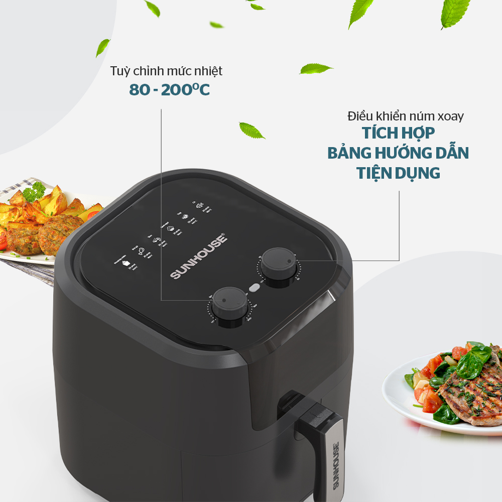 Nồi chiên không dầu cơ thường được trang bị 2 núm xoay riêng biệt để điều chỉnh nhiệt độ và thời gian cho từng món ăn (ảnh thumb)
