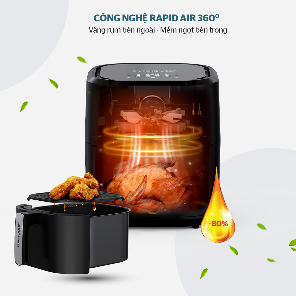 Đặt nhiệt độ nồi chiên không dầu cho các món nướng - quay - chiên từ 160 - 200 độ C kết hợp công nghệ Rapid air 360 độ phút giúp món ăn vàng rụm, hấp dẫn