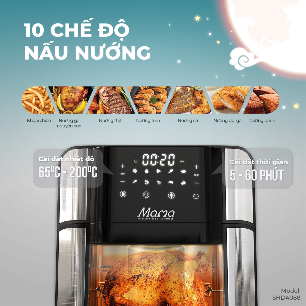 Nồi chiên không dầu điện tử được tích hợp các chế độ nấu đa dạng ngay trên màn hình LCD cảm ứng