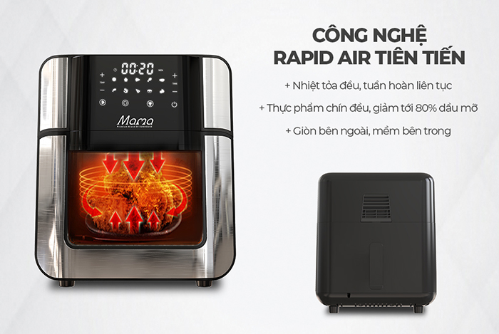 Công nghệ Rapid Air giúp thức ăn chín nhanh chóng, mềm bên trong, giòn vàng bên ngoài mà vẫn đảm bảo được giá trị dinh dưỡng