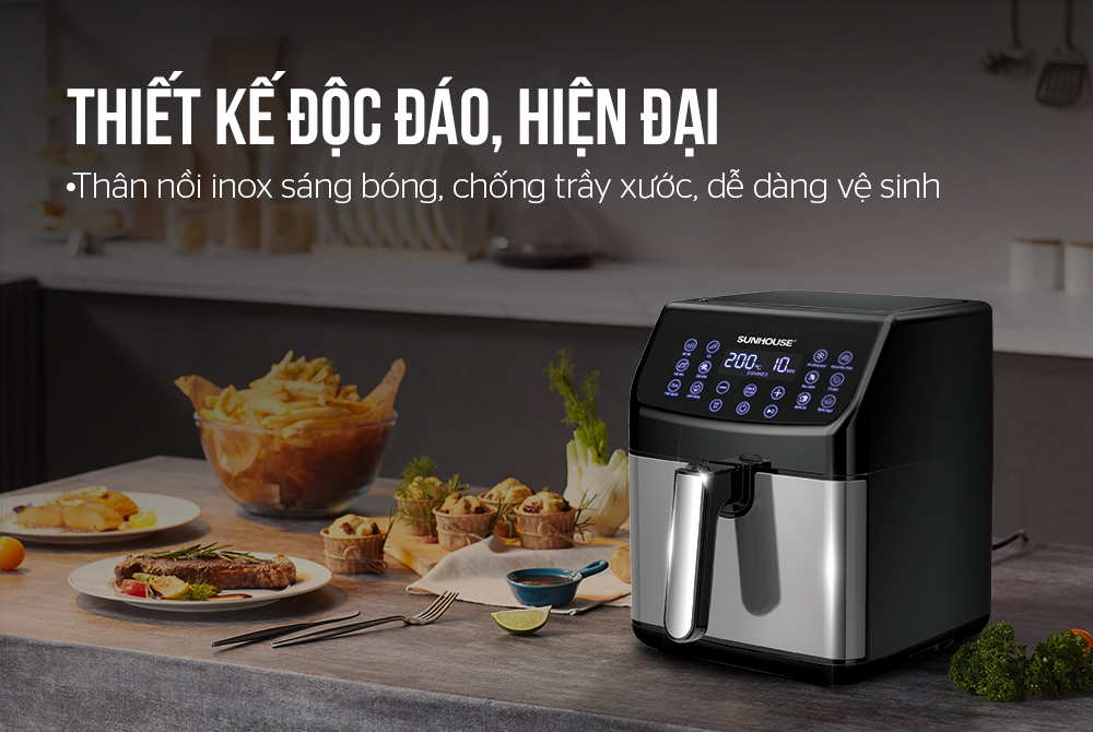 Nồi chiên không dầu vuông SHD4087 sở hữu thiết kế vuông như một chiếc hộp, mặt trên vát nghiêng tích hợp bảng điều khiển cảm ứng vô cùng ấn tượng