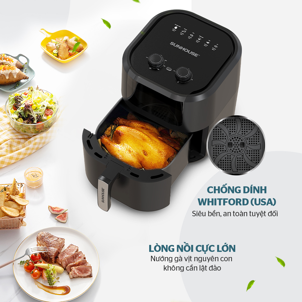 Nồi chiên không dầu vuông SHD4036 có thiết kế hình vuông bo cong các góc, vỏ nồi phủ màu đen nhám hiện đại, sang trọng