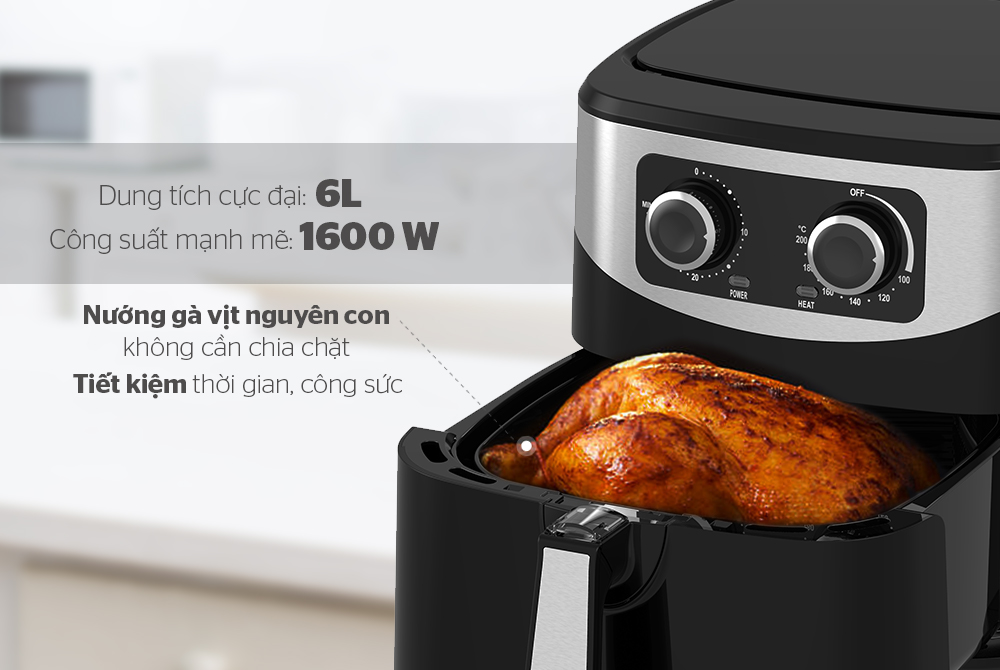 Nồi chiên không dầu SHD4062 có thiết kế hình vuông, to ở phần đáy với màu đen bóng chủ đạo, phù hợp với mọi không gian bếp