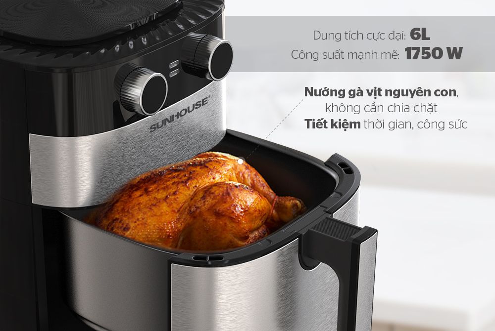 Sản phẩm sở hữu dung tích lớn 6L cùng công suất 1750W có khả năng làm chín lượng lớn thức ăn cùng 1 lúc, tiết kiệm nhiều thời gian và điện năng tiêu thụ