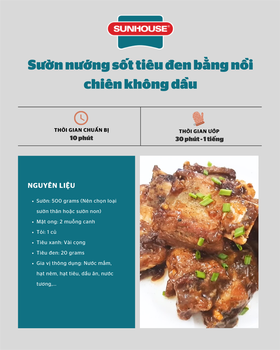 Nguyên liệu làm sườn nướng sốt tiêu đen bằng nồi chiên không dầu