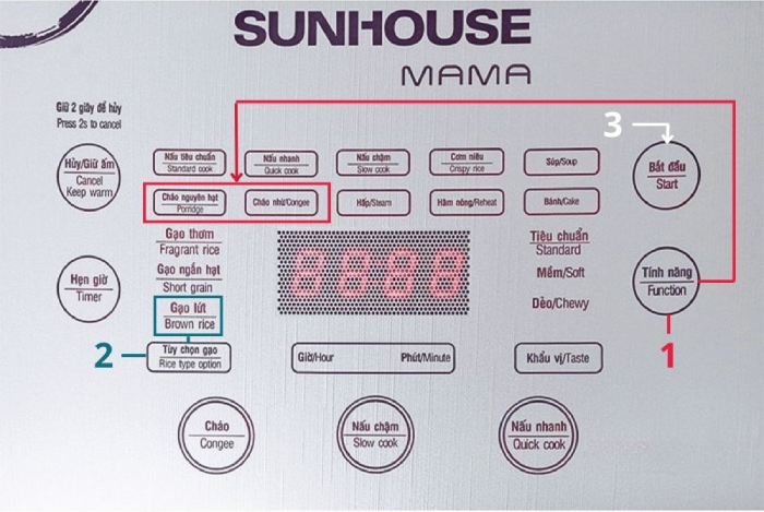 Bảng điều khiển của SUNHOUSE và các bước nấu cơm gạo lứt bằng nồi cơm điện tử