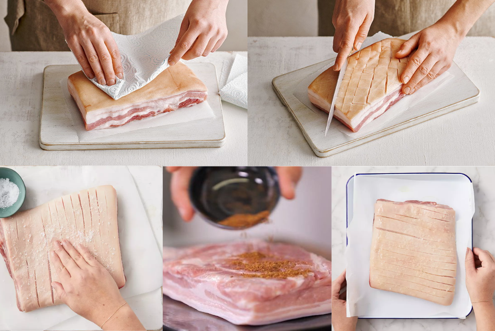 Các thao tác ướp thịt ba chỉ giòn bì làm say mê vị giác