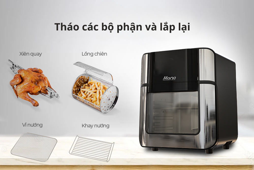 Tháo rời khoang chiên và lắp lại đúng khớp nối theo hướng dẫn sử dụng