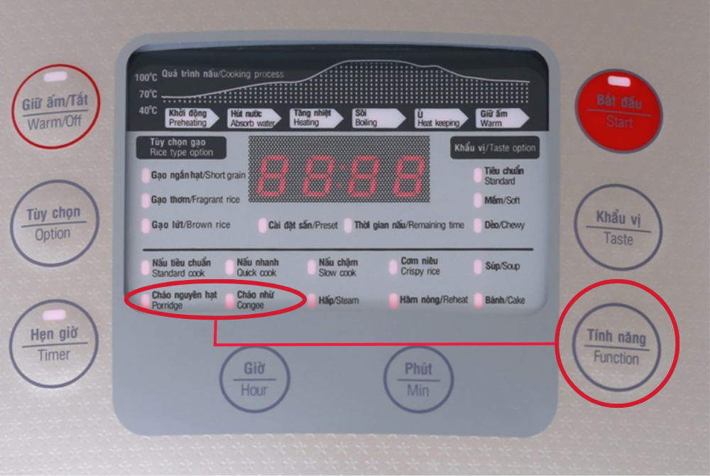 Nồi cơm điện tử SUNHOUSE có hai chế độ nấu cháo nguyên hạt và nấu cháo nhừ nhưng hãy chọn chế độ cháo nhừ cho bé 6 tháng tuổi mới tập ăn dặm.