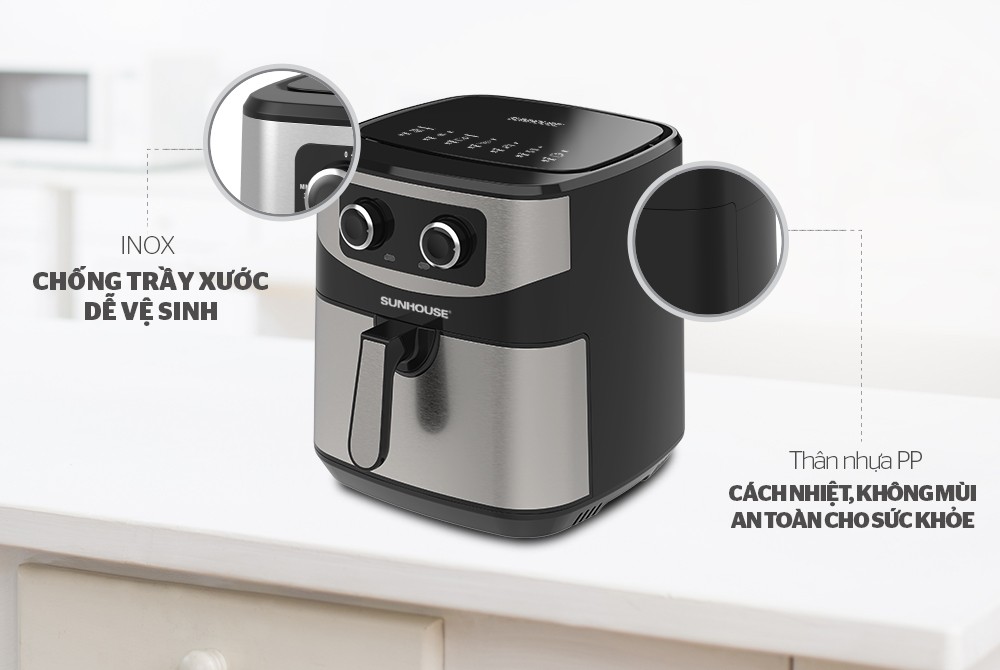Nồi chiên không dầu làm bằng chất liệu inox và nhựa bóng dễ vệ sinh