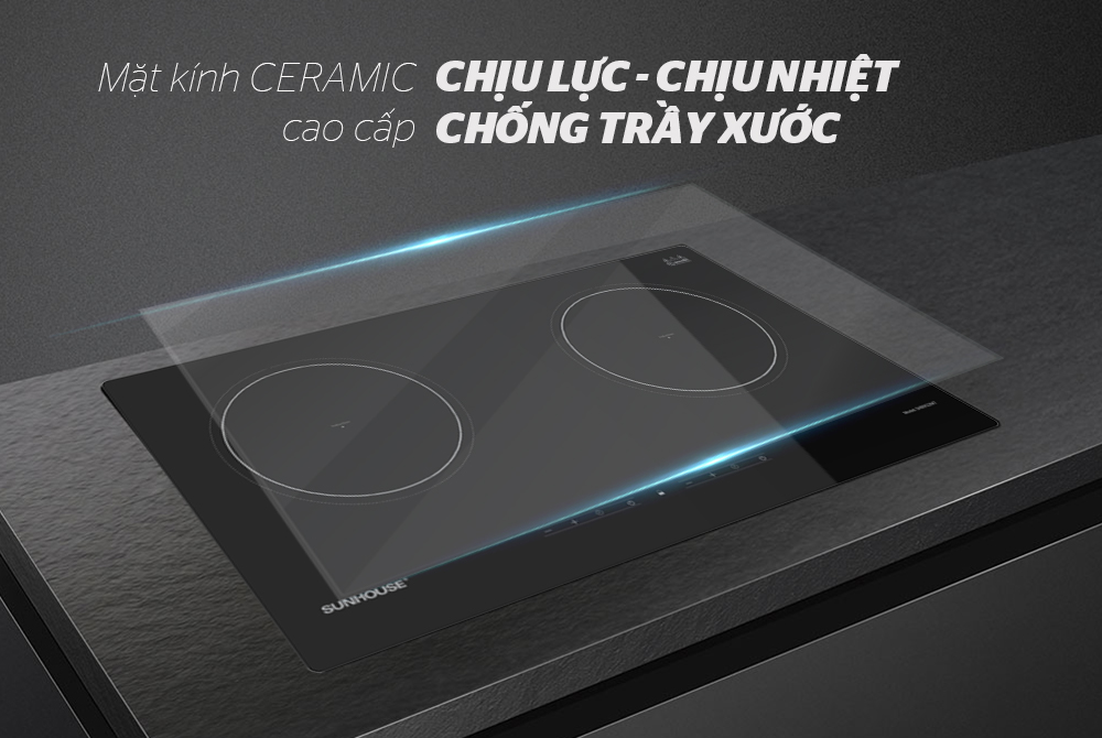 Bếp điện từ sử dụng mặt kính Ceramic có khả năng chịu nhiệt độ cao và chịu lực tốt