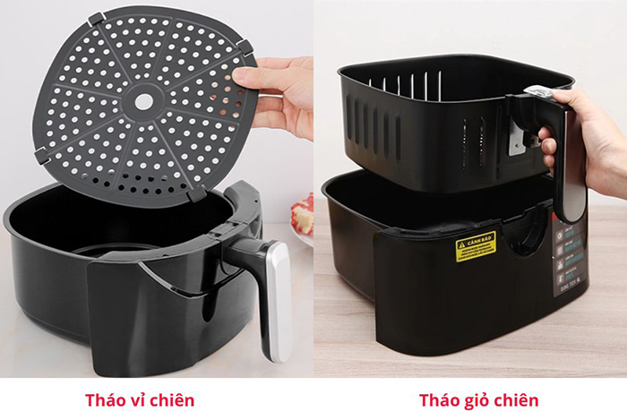 Cách tháo vỉ chiên và giỏ chiên ra khỏi khay hứng dầu