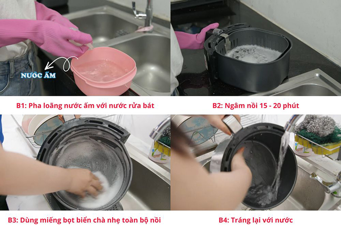 Vệ sinh giỏ chiên và khay hứng dầu bằng dầu rửa bát