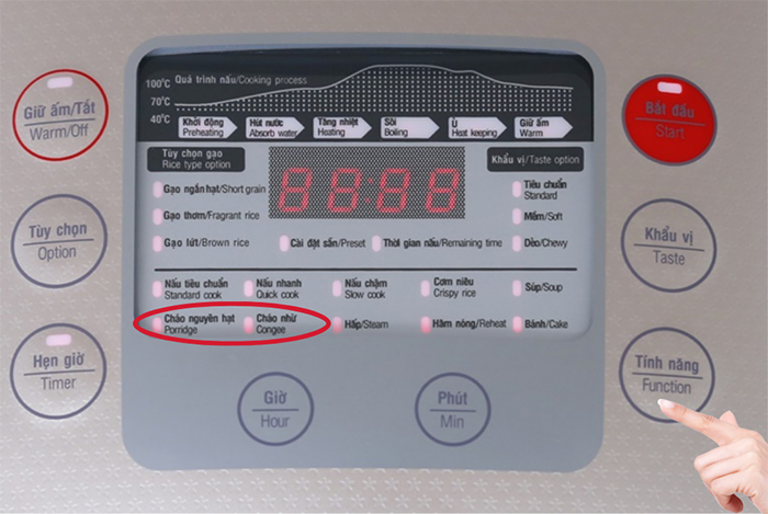 Nồi cơm điện tử SUNHOUSE có hai chế độ nấu cháo nguyên hạt và nấu cháo nhừ.