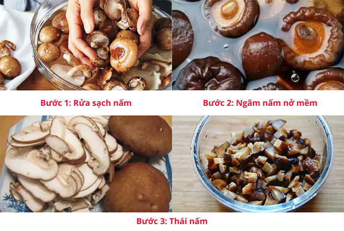 Các bước sơ chế nấm hương khô đơn giản, bạn có thể chọn cách thái mỏng hoặc thái hạt lựu theo sở thích để nấu cháo