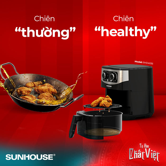 Công nghệ Rapid Air ứng dụng trong nồi chiên không dầu SUNHOUSE giúp thực phẩm chín vàng đều mà không cần chiên ngập dầu mỡ