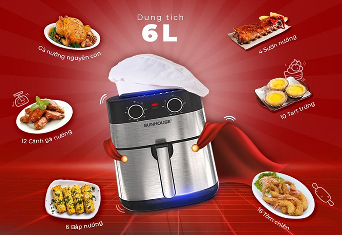 Dung tích nồi chiên không dầu 6L SUNHOUSE SHD4026 giúp bạn có thể nấu ăn cho cả gia đình từ 3-4 người.