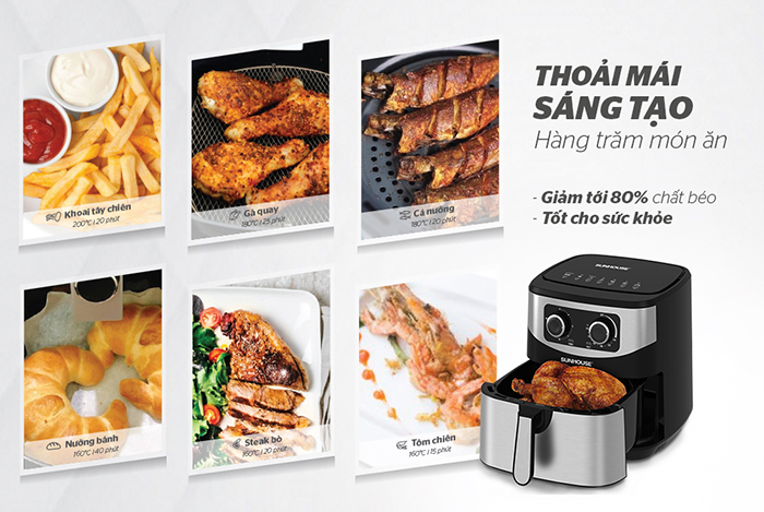 Nồi chiên không dầu 9L SUNHOUSE SHD4035 nấu được cho gia đình từ 3 - 4 người với đa dạng các món