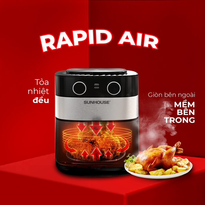 Nồi chiên không dầu 9L SUNHOUSE sử dụng công nghệ Rapid Air giúp thực phẩm vàng giòn bên ngoài và mềm ẩm bên trong