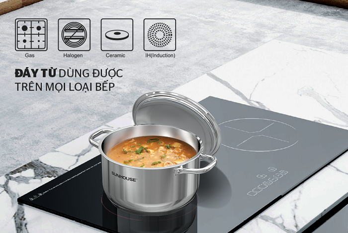 Bếp điện dùng nồi gì? Nồi có chất liệu lớp ngoài là thép không gỉ có cấu trúc tinh thể, ferit hoặc mactenxit dùng được trên bếp từ
