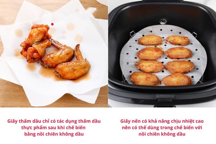 Giấy nến có thể sử dụng khi chế biến thực phẩm với nồi chiên không dầu, còn giấy thấm dầu chỉ nên dùng sau khi chế biến