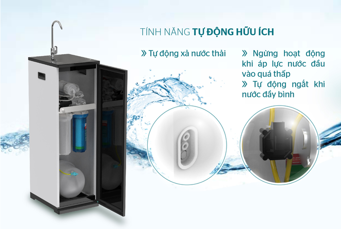 Máy lọc nước sở hữu hệ thống lọc tự động và các tính năng thông minh mang đến độ tiện lợi vượt trội hơn so với nước uống bình