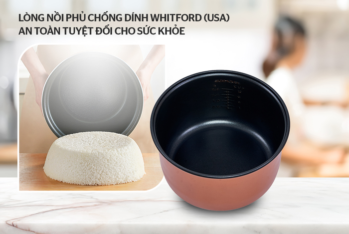 Nồi cơm điện cơ SUNHOUSE trang bị lớp chống dính kép Whitford (USA) bền bỉ hơn, khó bong tróc hơn, có khả năng chống dính gấp 2 lần.