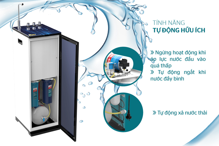 Máy lọc nước tiên tiến có tính năng tự động ngắt điện giúp đảm bảo quy trình lọc nước, kéo dài tuổi thọ của máy