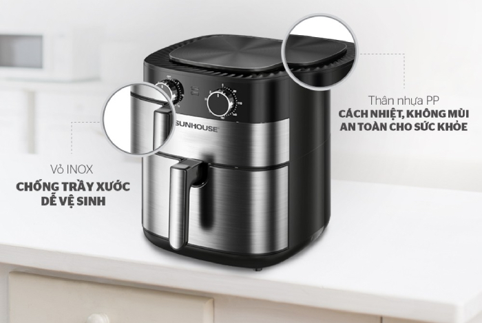 Vỏ/thân nồi chiên không dầu được làm từ nhiều chất liệu khác nhau như nhựa PP, INOX 304…