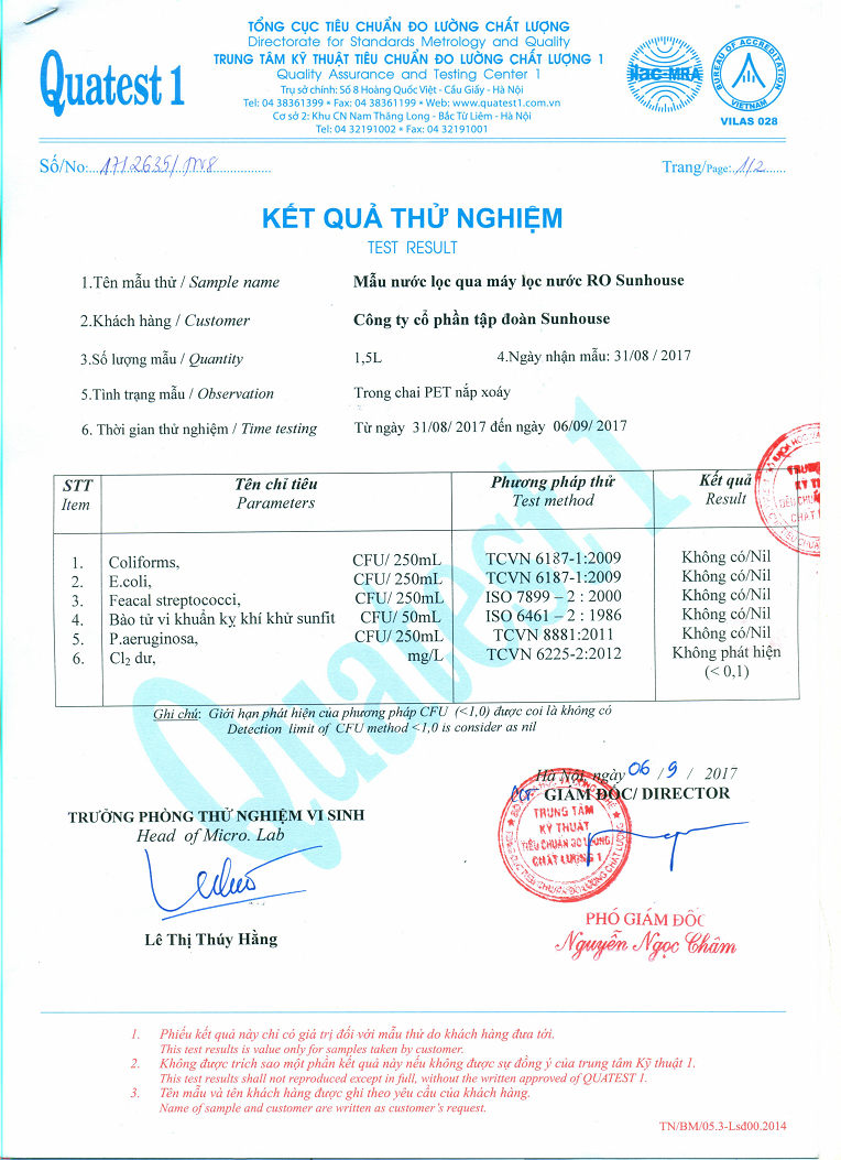 Kết quả thử nghiệm mẫu nước