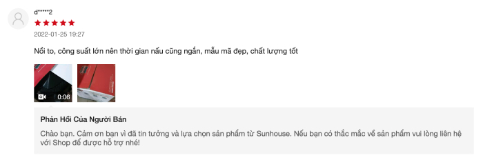 Feedback của khách hàng về thời gian nấu chín thức ăn của nồi chiên không dầu 6L SUNHOUSE
