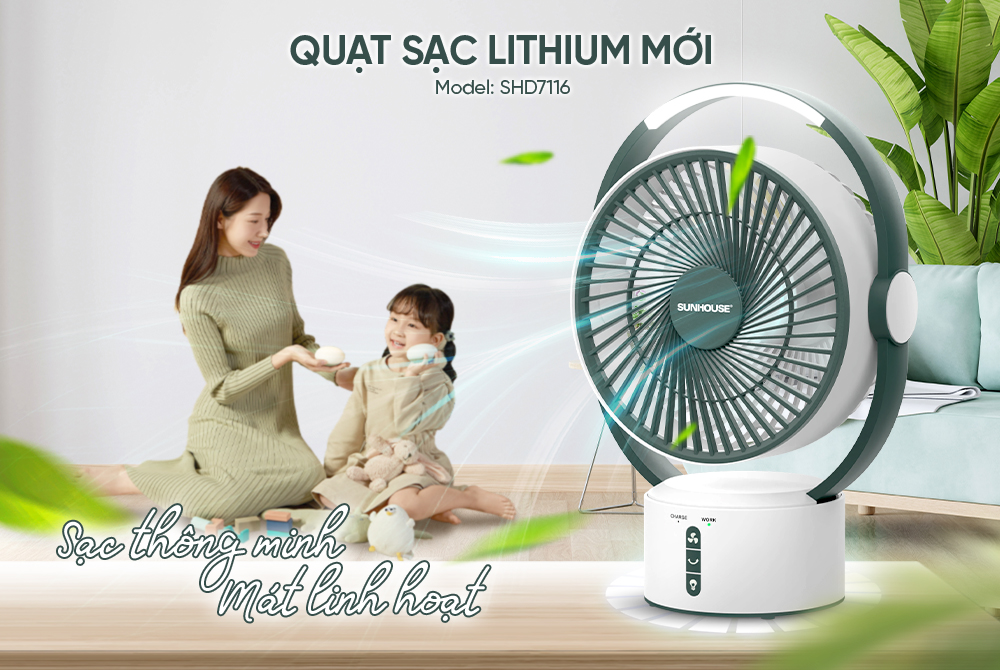 Quạt sạc SUNHOUSE SHD7116 sạc pin thông minh