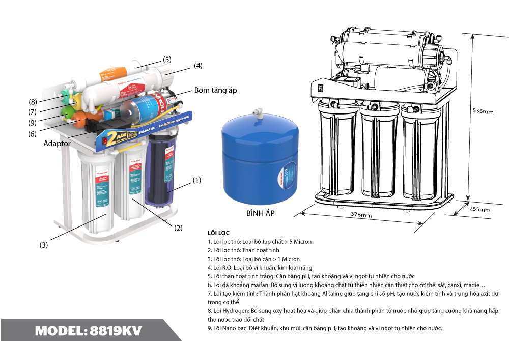 Máy lọc nước R.O không vỏ SUNHOUSE SHA8819KV 4